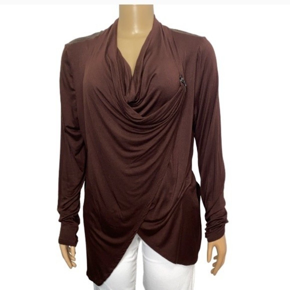 Patrizia Luca Blouse Asymmetrical Draped Cowl Neck Brown Zip detail size XL